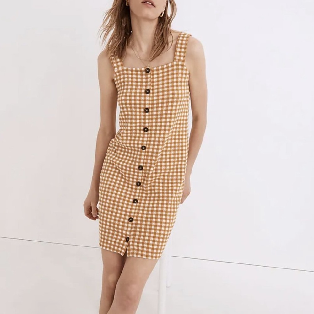 MADEWELL MUSTARD GINGHAM CHECK PRINT JACQUARD BUTTON-FRONT MINI DRESS